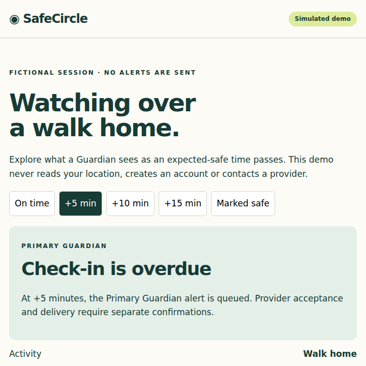 SafeCircle simulated Guardian session showing a Primary Guardian alert and private location
